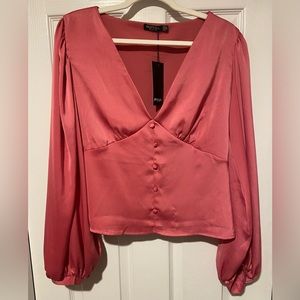 NWT Nasty Gal Satin Cup Blouse with Balloon Sleeves